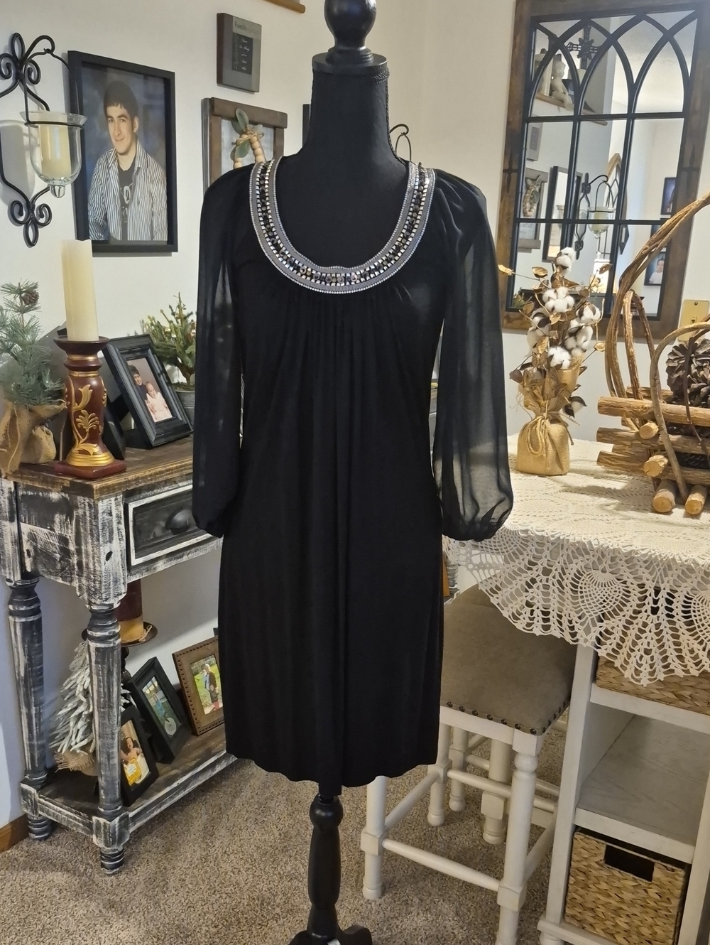 White House Black Market Black Beaded Scoop Neck Long Sleeve Dress
